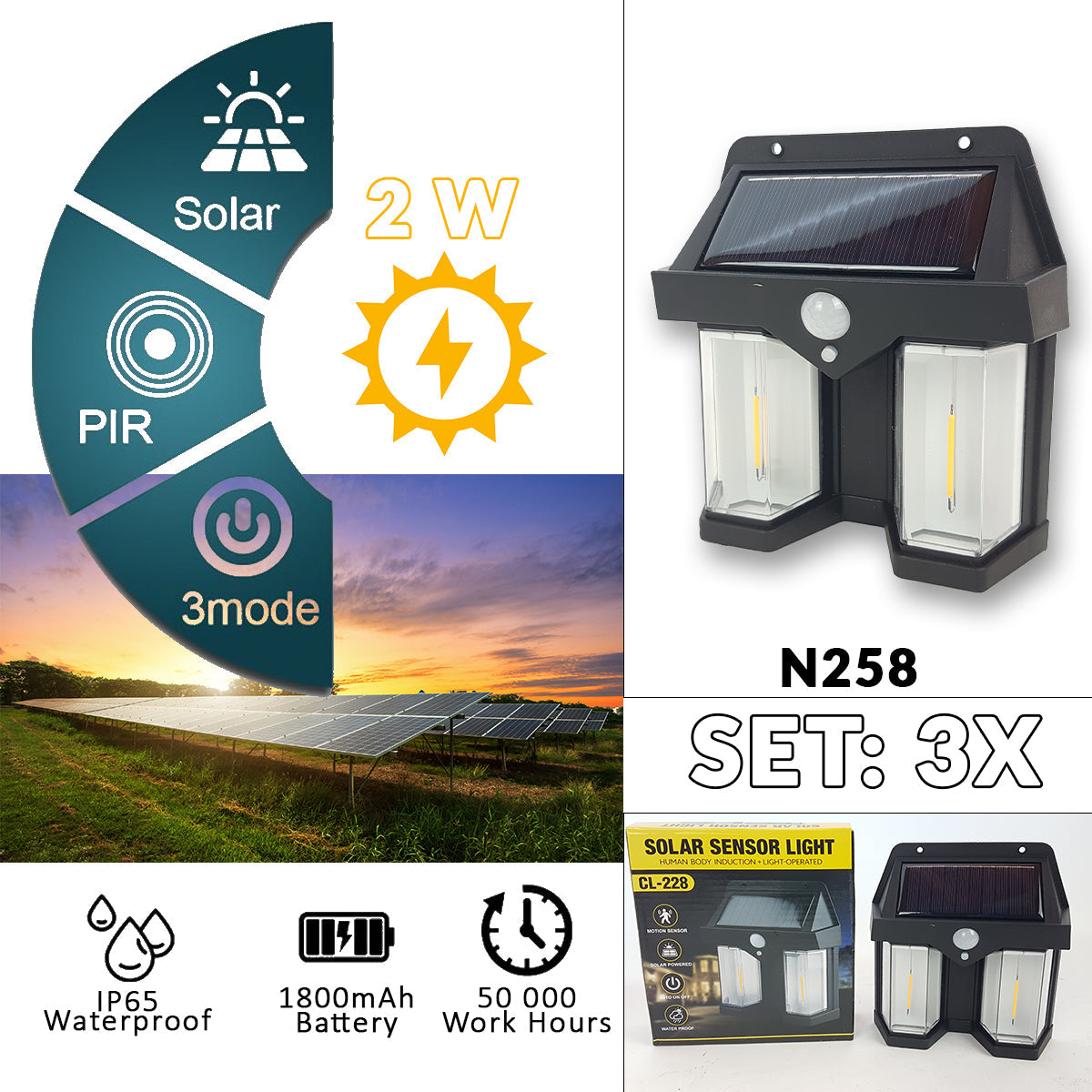 LED solární zahradní lampy 3 ks N258